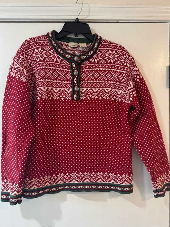 L.L. Bean Sweaters - Vintage L.L. Bean Red and White Nordic Button-Front Sweater with Green Trim